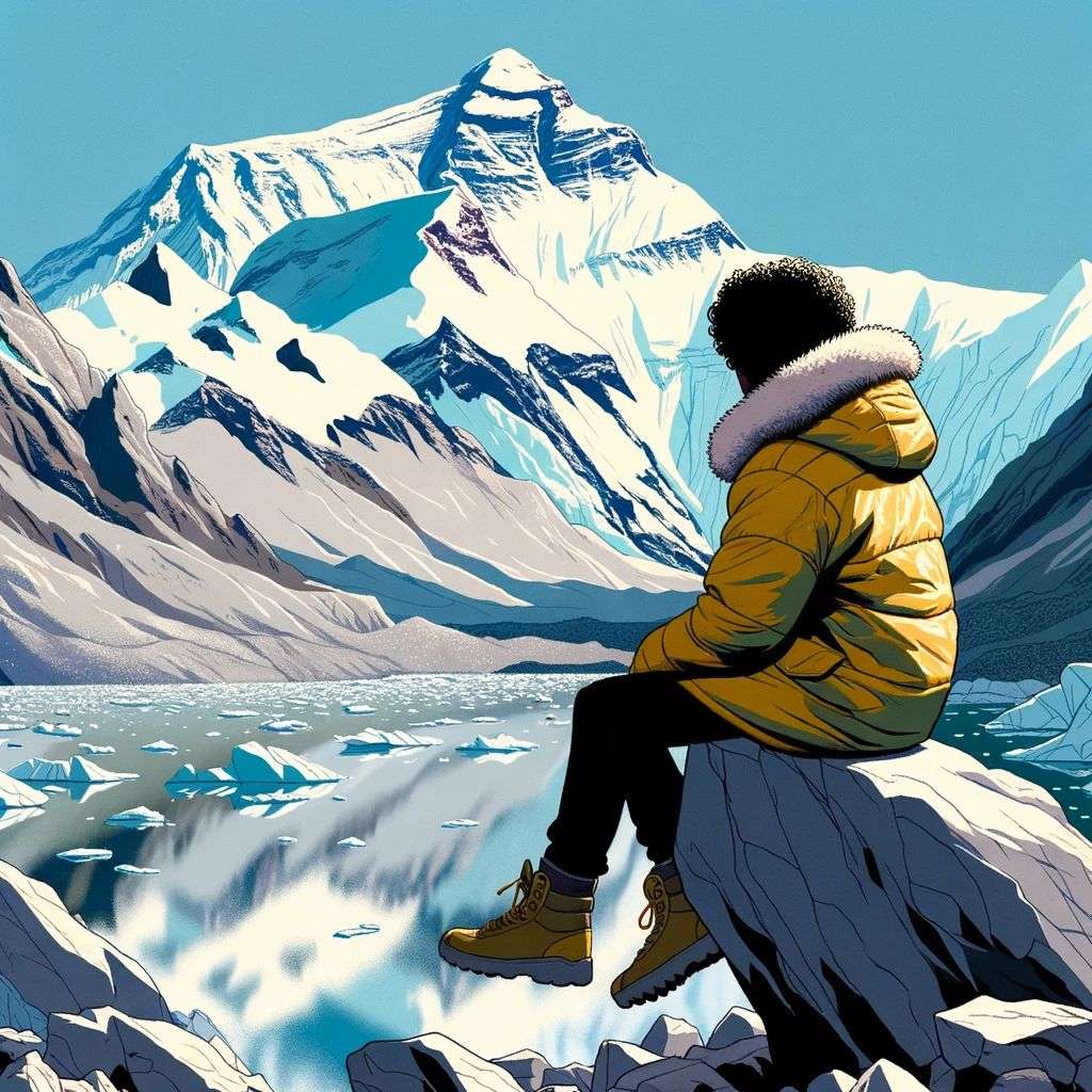someone gazing at Mount Everest, digital art created in Procreate